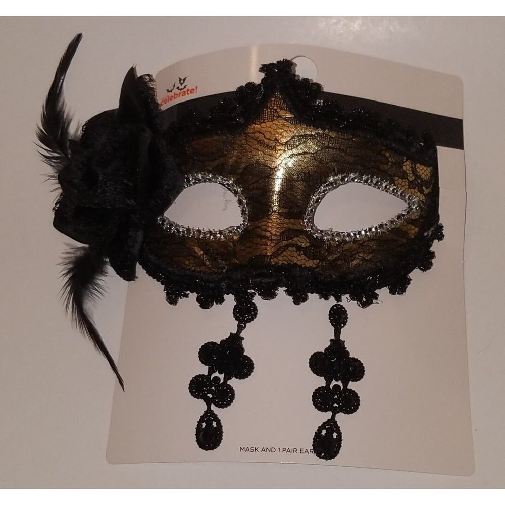 NEW 2 Adult Masquerade Mask Matching Earrings Set Halloween Ivory Gold Black Lot - Picture 2 of 6